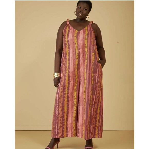 Ashley Stewart Size 22/24 Linen Blend Wide Leg Colorful Artsy Jumpsuit Boho - Picture 1 of 15